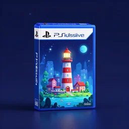 little city with lighthouse, playstation exclusive. 2 d carton, matte background, luminescent space, behance contest winner