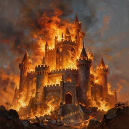 painting of a castle on fire, full view, popular on artstation, artstationhd, artstationhq 8 k, volumetric lighting, super focused, no blur, trending on artstation, ultra detailed, by artgerm and james gurney, greg rutkowski, 1 5 8 0 art