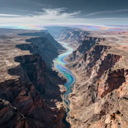 photo from miles above an alien world, huge canyons, bizarre geographical features, iridescent clouds, ferrofluid oceans