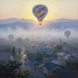 balloon town on a misty morning. oil painting by award - winning mangaka. backlighting, chiaroscuro, intricate details, depth of field, luminescent colors.