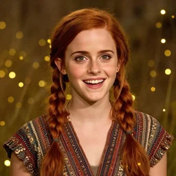 a totally amazed smiling pretty emma watson surrounded by golden firefly lights in a mesmerizing scene, fully covering intricate detailed bohemian outfit, two braded ponytails sticking out to the sides, red hair, precise linework, accurate green eyes, small nose with freckles, beautiful smooth oval head, expressive emotions, hyper realistic ultrafine portrait by artemisia gentileschi, jessica rossier, greg rutkowski, artgerm
