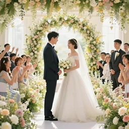 the groom look at the bride at a wedding full of flowers, bright and happy, dreamlike art, highly detail, 4 k realistic, wedding photoy krenz cushart, artem demura, yoji shinkawa artgerm, jon lothian, danilo torres. adi meyers. thomas reimann. gaston bussiere.