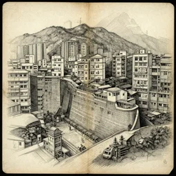 sketches of kowloon walled city drawn by leonardo davinci on stained and crumbled paper, highly detailed, intricate, high quality scan