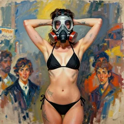 portrait of model girl, star wars styled mask respirator on mouth, hands behind head, in black bikini, tattoos, by ashley wood, yoji shinkawa, jamie hewlett, 6 0's french movie poster, french impressionism, dry brush background colors, palette knife and brush strokes, asymmetrical, concept art