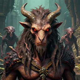 full - face close - up portrait, the primal god of the wild who slowly turns his worshipers into twisted animalistic monsters by bruce brenneise and peter mohrbacher and h r giger, alien ancient ruins in background, 3 d render, neosurrealism. digital concept art, pixel art, rendered in octane, trending on cgsociety, trending on artstation