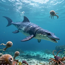 underwater view of jurassic era predators and prey, mosasaurus, ammonites, sea scorpions, octane render, cinema 4 d, light rays, cinematic lighting, golden ratio, underwater photography, realistic, volumetric lighting, wildlife documentary, by greg rutkowski