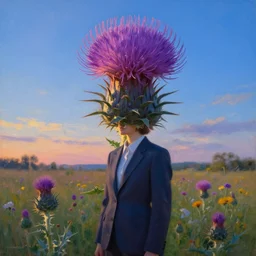 portrait, huge thistle flower as a head, a girl in a suit in field of flowers, surreal photography, sunrise, blue sky, dramatic light, impressionist painting, digital painting, artstation, simon stalenhag