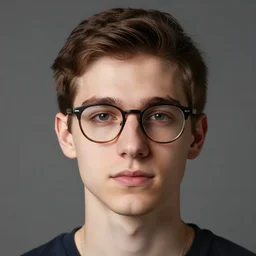 portrait photo of a young man with short brown hair wearing glasses ( 2 0 1 5 )
