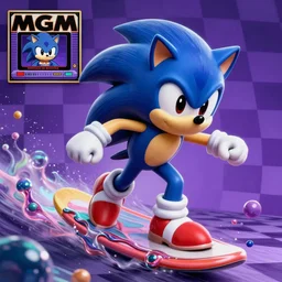 classic sonic in surreal, fractal, detailed professional, high quality portrait airbrush art MGMT album cover portrait of a liquid dissolving LSD DMT sonic the hedgehog surfing through cyberspace, purple checkerboard background, 1990s 1992 Sega Genesis video game album cover