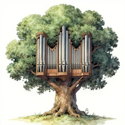 pipe organ shaped like a tree, detailed fantasy watercolor comic style, subtle colors, by alan lee and john howe