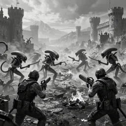 confusing perspective, colonial marines fighting 6 xenomorphs, highly detailed background, black and white, unknown city castles, haze, landscape, 4 k, photograph, tentacles, chainsaw, distant mountains, clouds melting, ground burning