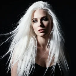 dramatic portrait by annie liebovitz of a beautiful young woman with long flowing white hair. high contrast chiaroscuro lighting,
