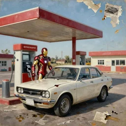 iron man filling up his damaged datsun at a desolate rural gas station, wide angle shot, intricate, detailed, torn paper decollage, oil on canvas by edward hopper, ( by mattias adolfsson ), by moebius