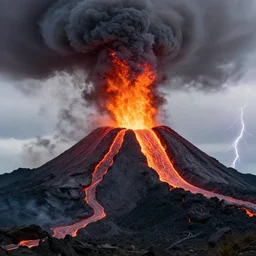 an extremely detailed volcano spewing lava and black smoke, streams of glowing hot lava, hot air refraction, flashes of lightning in the distance