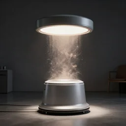 teleportation machine in a dimly lit room, light shining from the machine and illuminating the dust particles in the air by jarosław jasnikowski