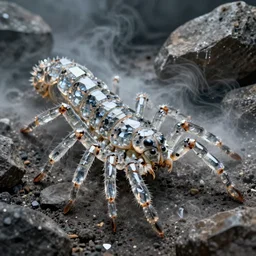 professional photo shot of a cybernetic scolopendra made of silica crystal, rocks in the background, surrounded by of fog, grimy, gritty, trending on artstation, award winning, close shot, by aleks labuda and barry webb