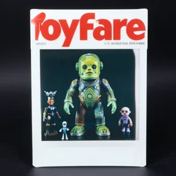 toyfare magazine cover of sci - fi horror toys. studio lighting. 3 5 mm f / 2. 8 macro lens. bright neon polaroid - h 6 4 0
