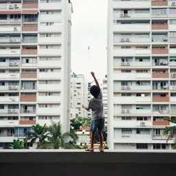 a boy playing in a singaporean hdb flat, by edward hopper