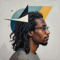 A black man with long curly hair, wearing glasses, profile picture by Sachin Teng, asymmetrical, Organic Painting , Matte Painting,  geometric shapes, hard edges, graffiti, street art:2 by Sachin Teng:4