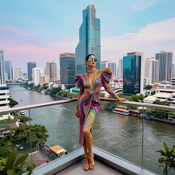 futuristic, phychedelic bangkok as seen from a balcony on the 2 0 th floor overlooking the river. high fashion