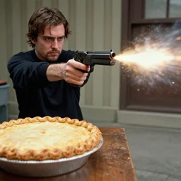Pewdiepie shooting a gun at a pie