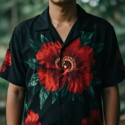 aloha shirt black flower on red, photograph, realistic, filmic, cinematic