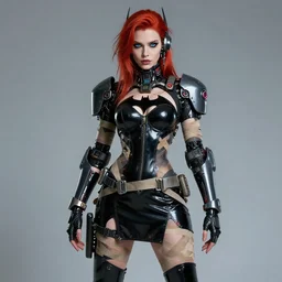a full body beautiful woman with red hair and blue eyes, wearing a cyberpunk outfit by hr giger, artgerm, sakimichan, weapons, electronics, high tech, cyber wear, latex dress, batwoman, bandage, concept art, fantasy, cyberpunk