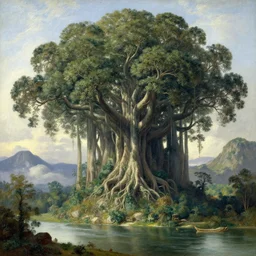 a mountain sized inhabited kapok tree that grows on the side of a river, by Ivan Kramskoi, fantasy, beautiful, intricate, epic scale
