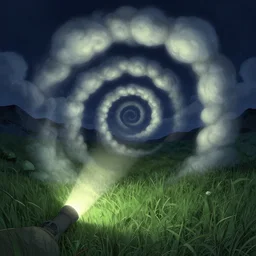 dak, nightly, spiral, naive nerikomi, weird perspective, extra narrow, detailed illustration, lit by flashlight, fisheye, grass field night mountainous terrain, chubby curled clouds, volumetric lighting
