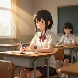 high school girl sits in a cozy school classroom - 3 d dramatic cozy poster by wlop and okuda genso. featured on pixiv, anime aesthetic. pixiv, warm aesthetic, rays of light, volumetric light, artstation, vanitas, official art, gothic, noise film photo. octane render, redshift render, ue 4