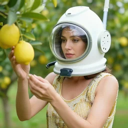 a closeup portrait of a woman in a scuba helmet, wearing a dress made of beads, picking lemons in an orchard, color photograph, by vincent desiderio, canon eos c 3 0 0, ƒ 1. 8, 3 5 mm, 8 k, medium - format print
