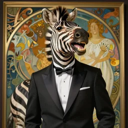 happy laughing handsome zebra in a black suit portrait by louis - theophile hingre and alphonse mucha, realistic, sharp focus, art nouveau, smart, wisdom, power, victorious
