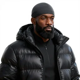 concept art render of a strikingly handsome black athlete with a big beard wearing a dark gray durag and a zipped up shiny black puffer winter coat, beautiful, fantasy, on a white background, cinematic lighting, artstation, trending, highly detailed, focus, smooth, by studio ghibli, rossdraws, hirohiko araki, conrad roset, yoshitaka amano