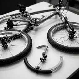 parts of a bicycle scattered on a table, black and white, trending on artstation, hd