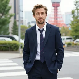 ryan gosling in a japanese male highschool outfit, standing in tokyo