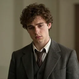 a young man of 2 8, brown curly hair, short hair, journalist, tired, gaunt, handsome, dressed in a cheap suit, like jake gyllenhaal when he was young unreal render cinematic lighting art 1 9 2 0 period drama by bussiere rutkowski andreas rocha