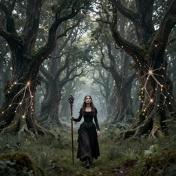 a gothic elf woman of old walking through an open field with her staff in a beautiful forest of ancient neurons and glowing synapses running through the forest, huge incredibly immense trees, highly detailed, hyperrealism, trending on art station, ancient forest like fanal forest, misty forest, realistic painting, sharp image, hyper realistic art, cinematic, art by konstantin razumov, chiaroscuro