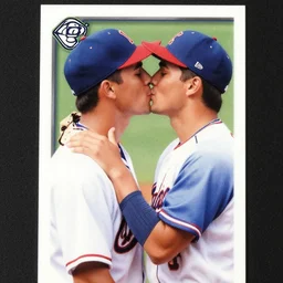 baseball card of two players kissing