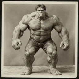 the incredible hulk, portrait, full body, symmetrical features, silver iodide, 1 8 8 0 photograph, sepia tone, aged paper, master prime lenses, cinematic