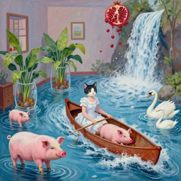 catgirl in her apartment, a river flooding inside, pigs, plants in glass vase, pork, water, river, rapids, canoe, pomegranate, berries dripping, waterfall, swans, acrylic on canvas, surrealist, by magritte and monet