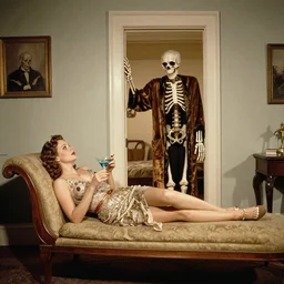 room with a door. 1940s diva laying on a chaise longue having a martini. skeleton wearing a robe enters the room through the door