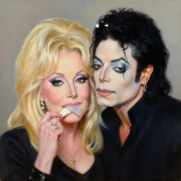 portrait of dolly parton removing chewing gum from michael jacksons hair, an oil painting by ross tran and thomas kincade