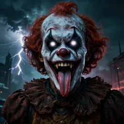 epic portrait cinematic shot an mutant clown with long tongue and sharp teeth with wide open eyes, glowing white eyes, dirty skin, scary, creepy, dark, apocalyptic backround, storm, lighting strike, fine details. night setting. realistic shaded lighting poster by craig mullism, artgerm, jeremy lipkin and michael garmash, unreal engine, radiant light, detailed and intricate environment, digital art, trending on art station,