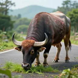 fresh meat buffalo in middle of road eating grass, beautiful texture, beautiful graphics, fantasy artwork, very beautiful scenery, hd, hdr, ue 5, ue 6, unreal engine 5, cinematic 4 k wallpaper, 8 k, ultra detailed
