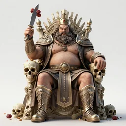 an intricate concept art, photorealism, angry fat bearded king throwing food and knife, skull throne, ultra photorealistic, pinterest, artstation, cgsociety, pinterest, digital art, hyper detail, anime colors, style by wlop, octane render, 8 k