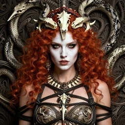 a single fierce looking beautiful young woman with curly red hair and symmetrical white makeup, tied up with black rope, wearing intricate necklace and headdress made from snake bones and leather, hyperdetailed illustration by irakli nadar and alexandre ferra, intricate linework, in the style of a national geographic portrait, unreal engine 5 highly rendered, global illumination, radiant light, detailed and intricate environment