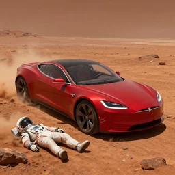 the red tesla roadster elon musk sent into space, now crashed on the surface of mars, crumpled and wrecked. spacesuit smouldering on the ground, by fantasy artist tiago da silva ( grafik ) highly detailed, cinematic, concept art, digital matte painting