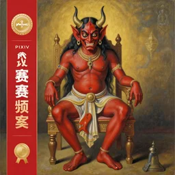 a painting of a demon sitting on top of a chair, a detailed painting by ram chandra shukla, pixiv contest winner, bengal school of art, detailed painting, maximalist, art on instagram