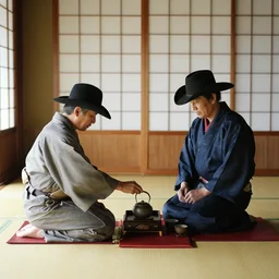Japanese tea ceremony between a cowboy and a dragon