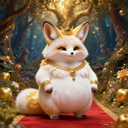 fennec fox deity, fat figure, cute, elegant, furry, white, gold, warm, wearing a crown, bracelets and necklaces, red carpet, figure, realistic, hair detailing, background is heavenly, wonderland at night, the light in the deep forest full of mythical creatures of the picture, according to european art, golden sacred tree, golden apple, flower garden, hyper realistic render.
